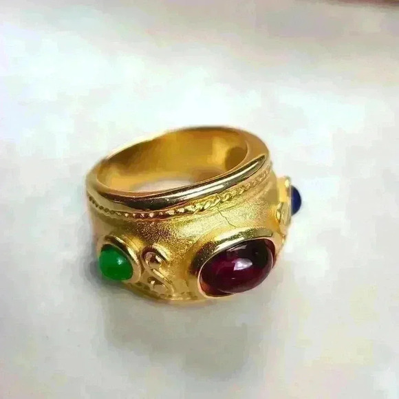 Gold plated ring  with blue red green glass stones size 6 - Picture 5 of 17